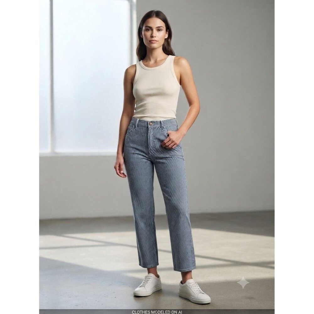 Women's Blue/White Striped Denim Jeans Stretch Slash Pockets Button Closure
